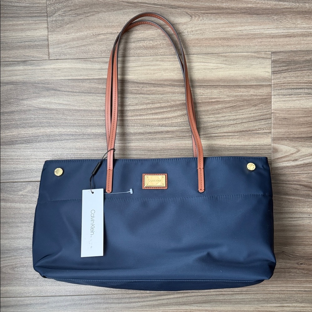 Calvin Klein Dark Blue and Brown Tote Bag